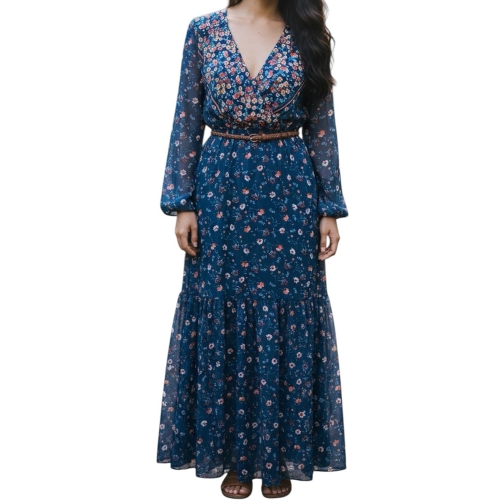 EUC Living Doll Navy Floral Belted Maxi Dress Size Small